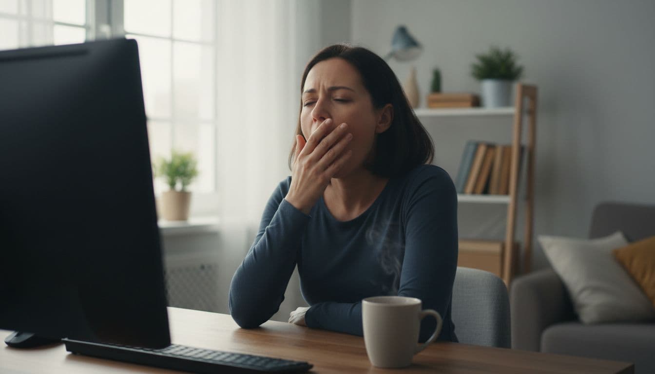 A single adult in a home office early morning shows subtle prodrome signs: yawning widely with hand over mouth, half-closed eyes from fatigue, and stiff neck at desk with coffee mug.