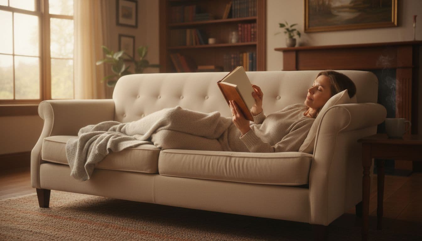 A relaxed middle-aged woman rests on a sofa in a cozy living room, holding a notebook for reflection, bathed in soft afternoon light with closed eyes and a peaceful pose.