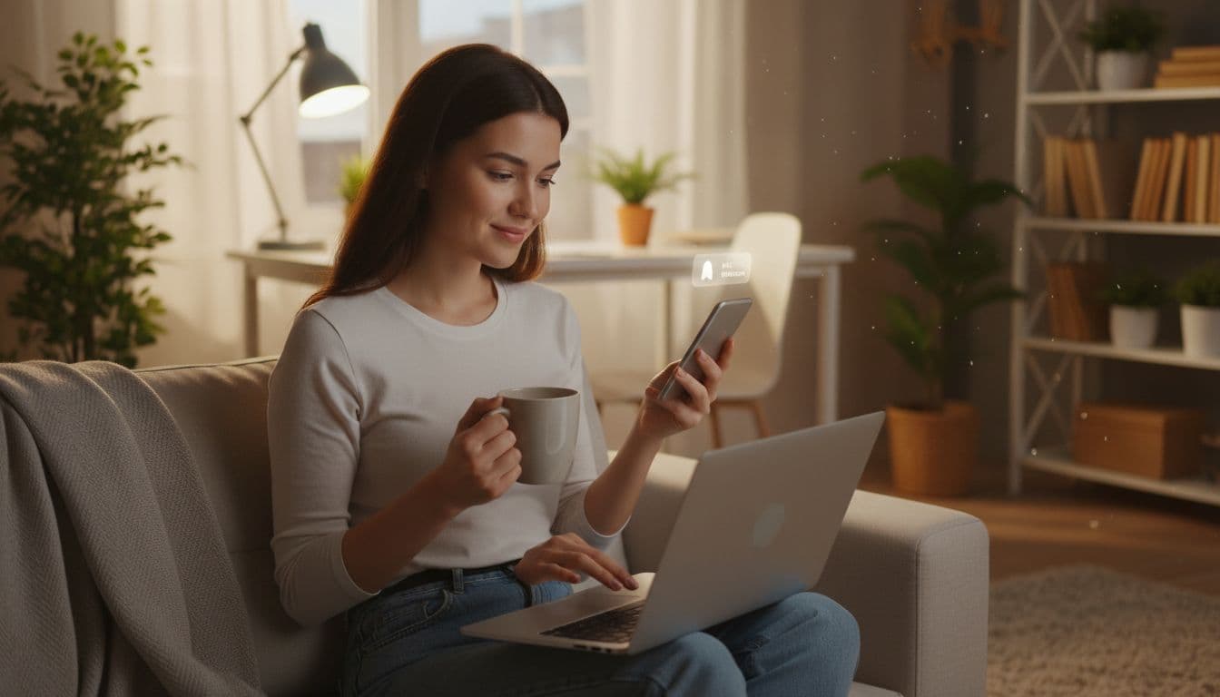 Satisfied young woman in modern home office at evening closes laptop, turns off smartphone notifications, and relaxes with tea in hand amid warm golden light and calm living room with plants.
