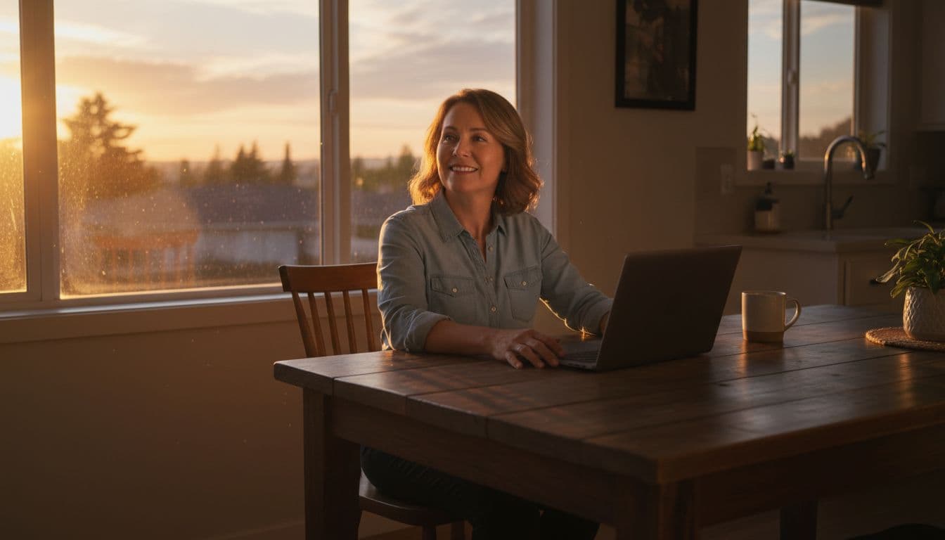 A relaxed middle-aged woman closes her laptop at the kitchen table in her home office, leans back smiling with sunset light creating a warm, calm atmosphere. Exactly one person, hands loosely on the table, no text, logos, or watermarks.
