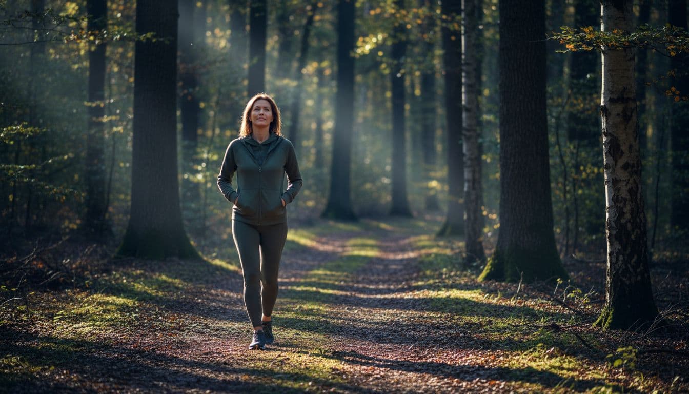 A single woman in her 40s walks calmly on a forest path in comfortable sportswear, hands in pockets, bathed in dappled sunlight through trees, cinematic style with strong contrast and dramatic lighting.