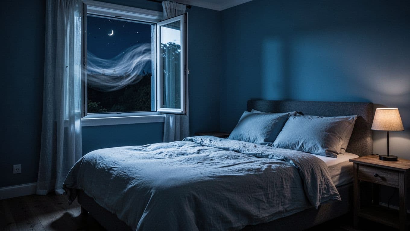 Serene cozy bedroom at night with cool blue tones, open window, light bedding, and dim lamp light creating a peaceful sleep atmosphere in cinematic style.