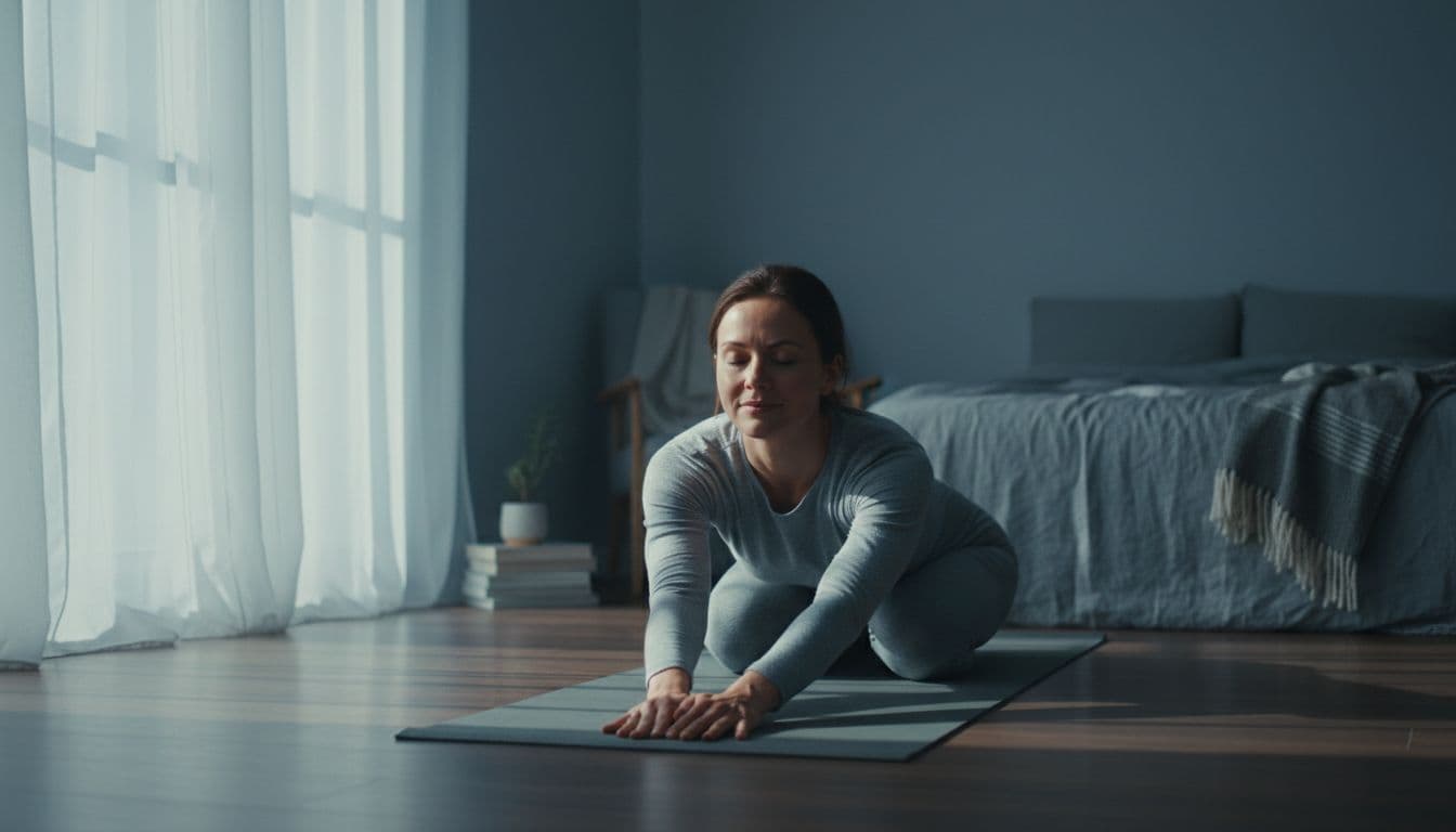A single woman practices gentle yoga in child's pose on a mat in a serene bedroom, with peaceful expression and morning light filtering through curtains, evoking relaxation and stress reduction.
