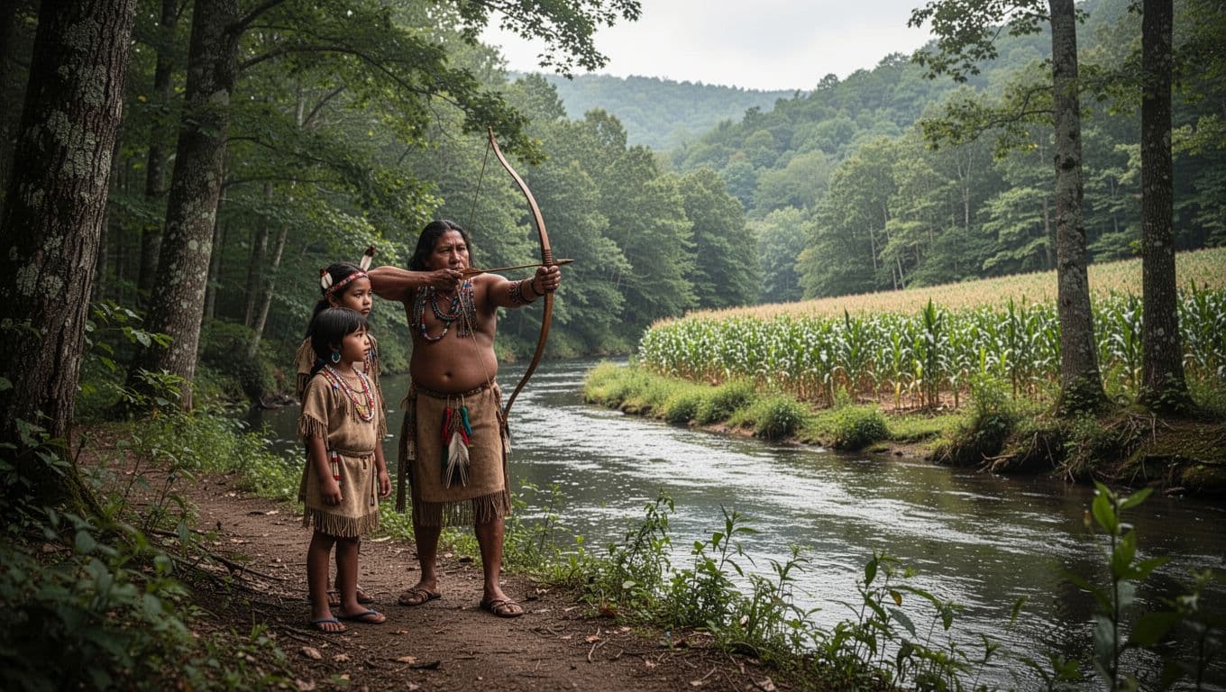 An Indigenous Native American family from the Shawnee or Cherokee tribe in the Appalachian mountain forests of West Virginia, hunting with a bow near a river while a corn field farm appears in the valley background. Realistic historical style with natural daylight soft lighting, featuring exactly one adult and one child in simple clothing amid dense green woods.