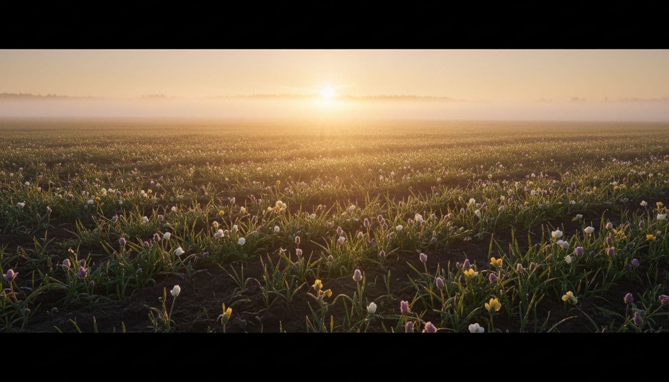 Sun rising over dew-covered meadow at spring dawn with fresh green shoots, budding wildflowers, and light rays piercing morning fog, symbolizing renewal in cinematic golden hour lighting.