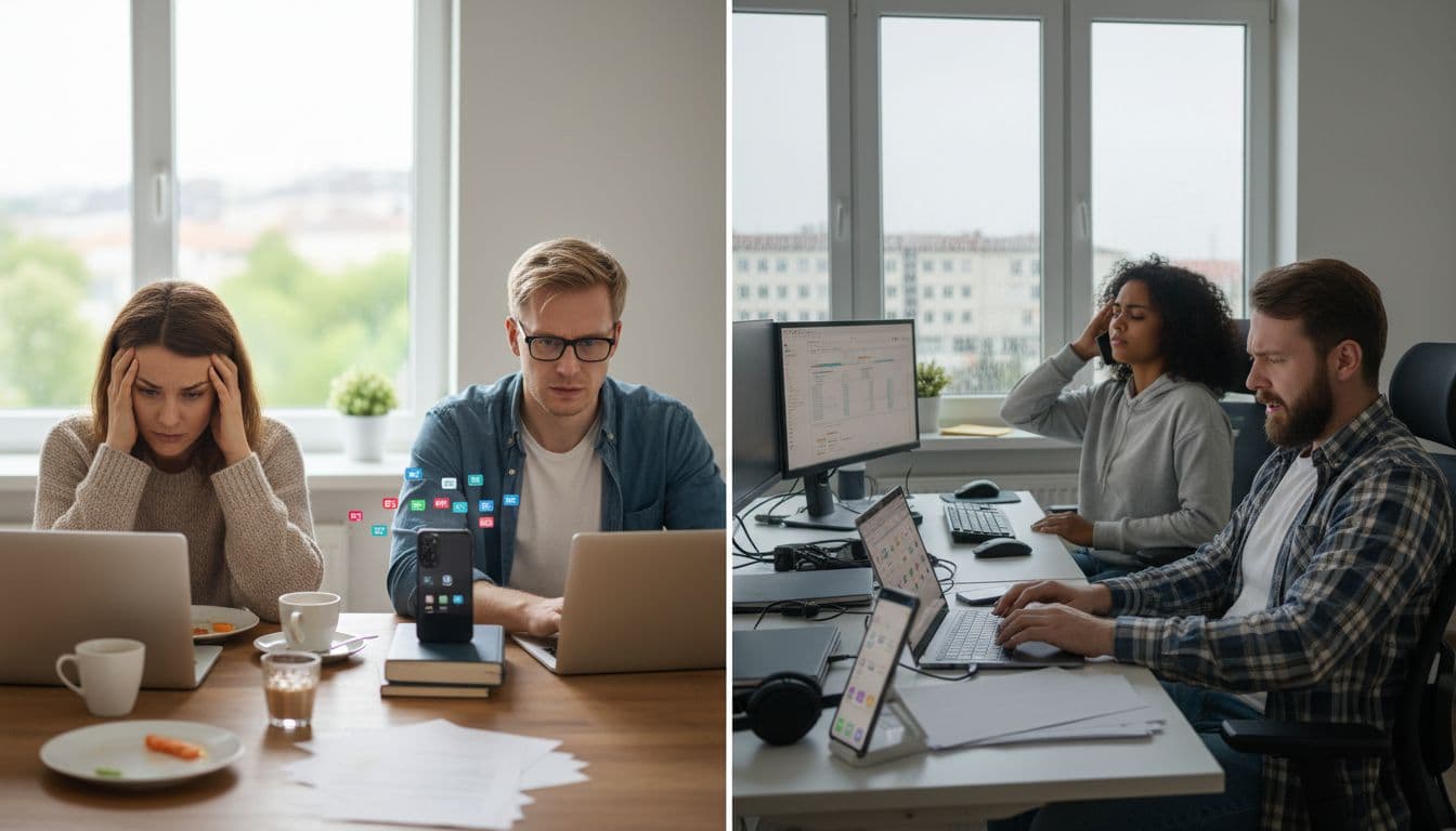 Diverse German workers look stressed in home offices at kitchen tables and desks, laptops open and smartphones buzzing with notifications under natural daylight.