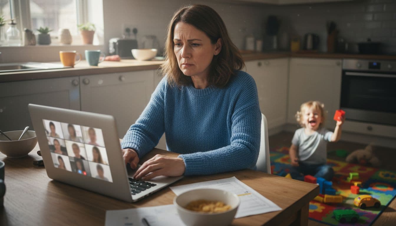 A middle-aged woman appears stressed at the kitchen table during a home office Zoom call, with her child playing loudly with toys on the floor in the background.