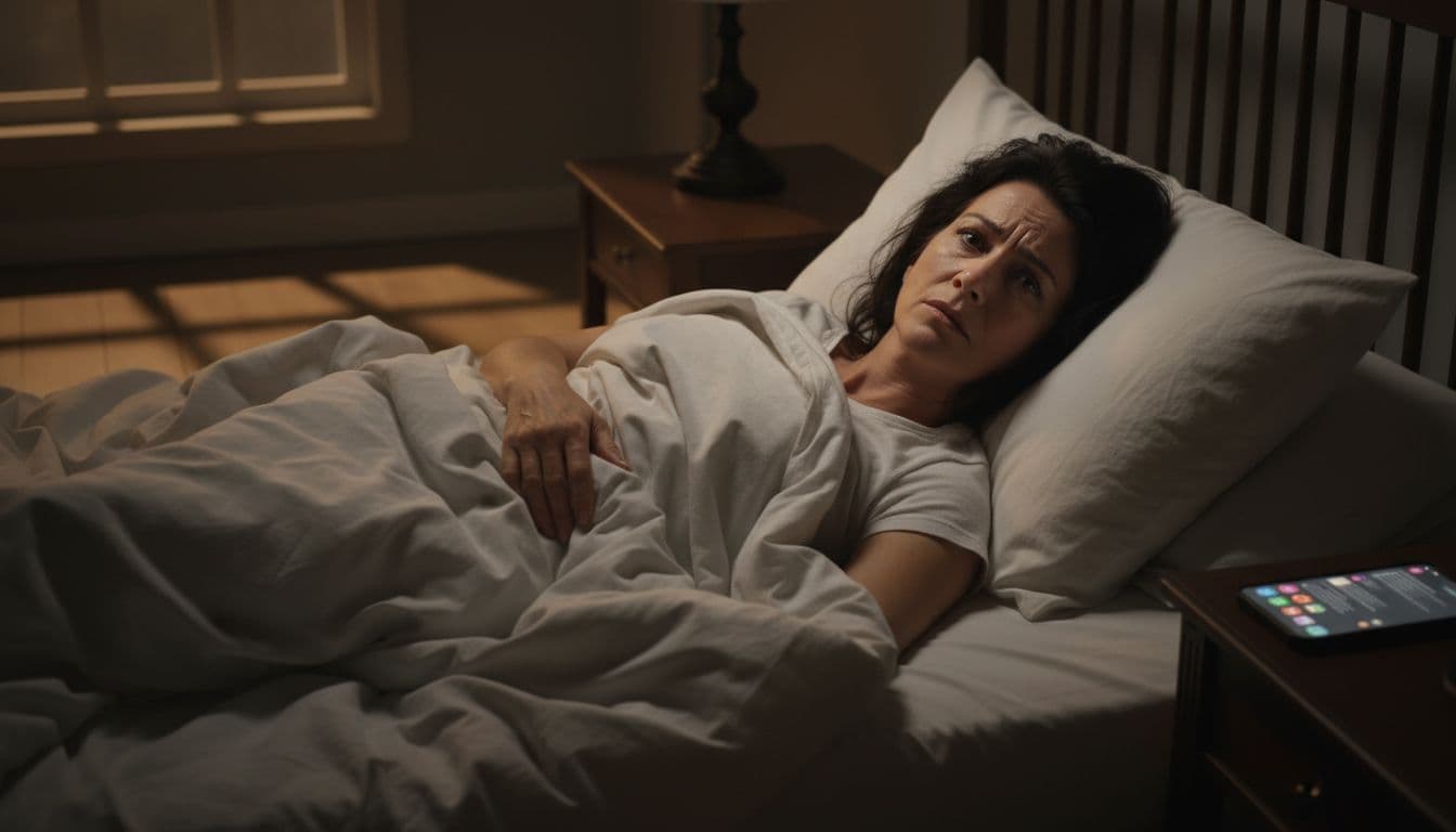 A tired middle-aged woman lies awake in a dark bedroom at night, staring at the ceiling with a worried expression as her smartphone glows with notifications on the nightstand.