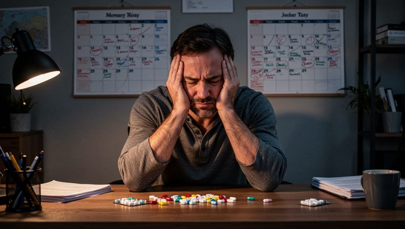A exhausted adult in a late-evening home office desk scene, holding their head in fatigue, calendar marked with missed work days, scattered pills suggesting overuse, realistic photo.