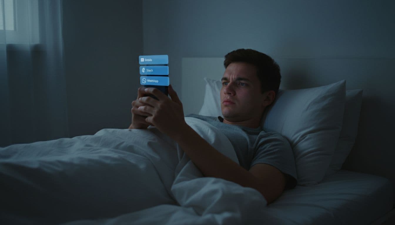 A young man lies stressed in a dark bedroom at night, illuminated only by the blue glow of his smartphone showing notifications from emails, Slack, and WhatsApp.