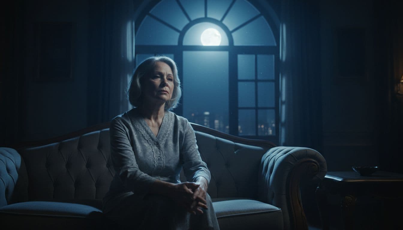 An elderly woman sits pensively on a sofa with a restless expression suggesting sleep disturbances from estrogen deficiency, illuminated by moonlight through the window in a cinematic style with dramatic contrast and cool blue tones.