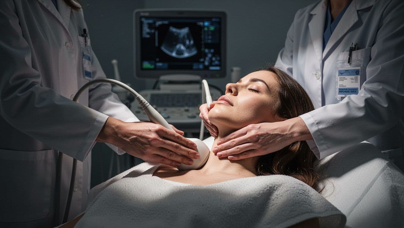 A doctor gently handles the ultrasound device during a thyroid scan on a relaxed female patient in a sterile clinic setting, with a blurred monitor in the background. Cinematic style with strong contrast, depth, and dramatic lighting.