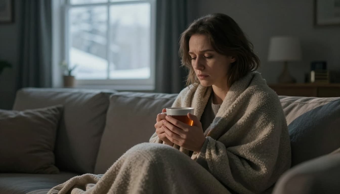 A woman in her 40s sits wrapped in a blanket in a cozy living room, looking exhausted with pale dry skin, holding a warm mug of tea under soft winter light.