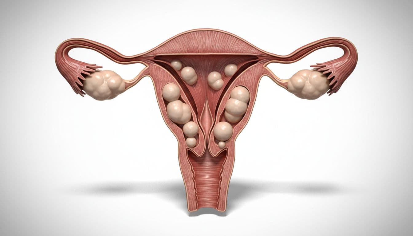 Medical anatomical illustration depicting a cross-section of a female uterus with multiple benign fibroids attached to the wall, featuring cinematic lighting and high detail on a clean white background.