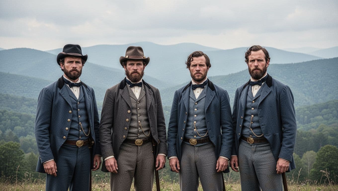 Portrait of four prominent Union leaders in 1860s formal attire standing outdoors against an Appalachian mountain backdrop, with serious expressions in realistic historical photograph style.