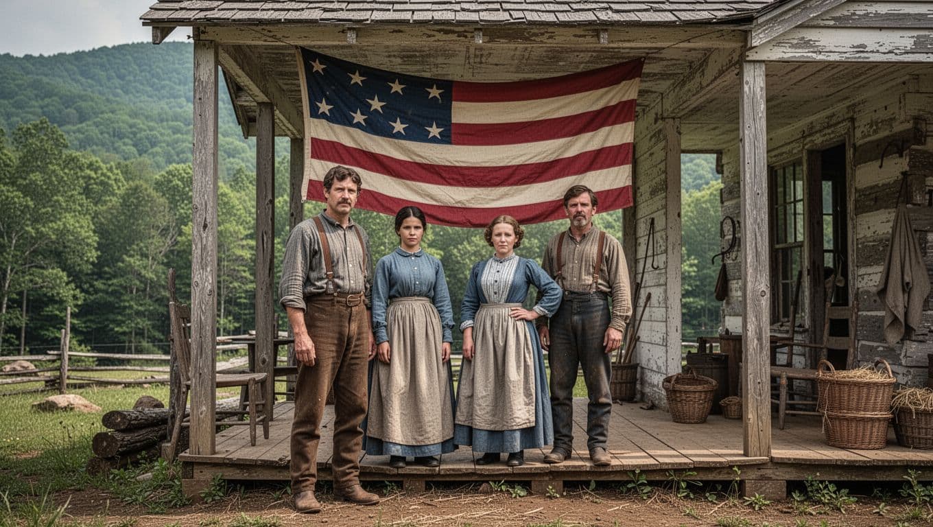A family of four small farmers stands together on their mountain farm porch in western Virginia during the Civil War, displaying an American flag to show Union loyalty, with dense Appalachian forest background in realistic 1860s style.