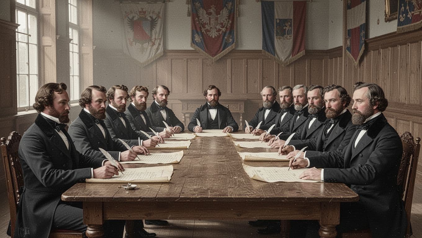 Twelve male delegates in 19th-century suits seated around wooden tables in a wood-paneled hall, discussing statehood documents with quill pens amid American flags and natural daylight.