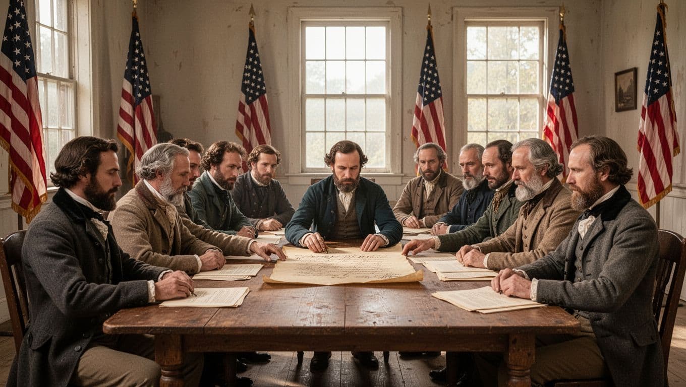 Historical illustration depicting exactly 12 male delegates in 19th-century attire seated around a large wooden table in a simple assembly hall, discussing and signing the Wisconsin state constitution amid American flags and documents, in realistic style with natural daylight.