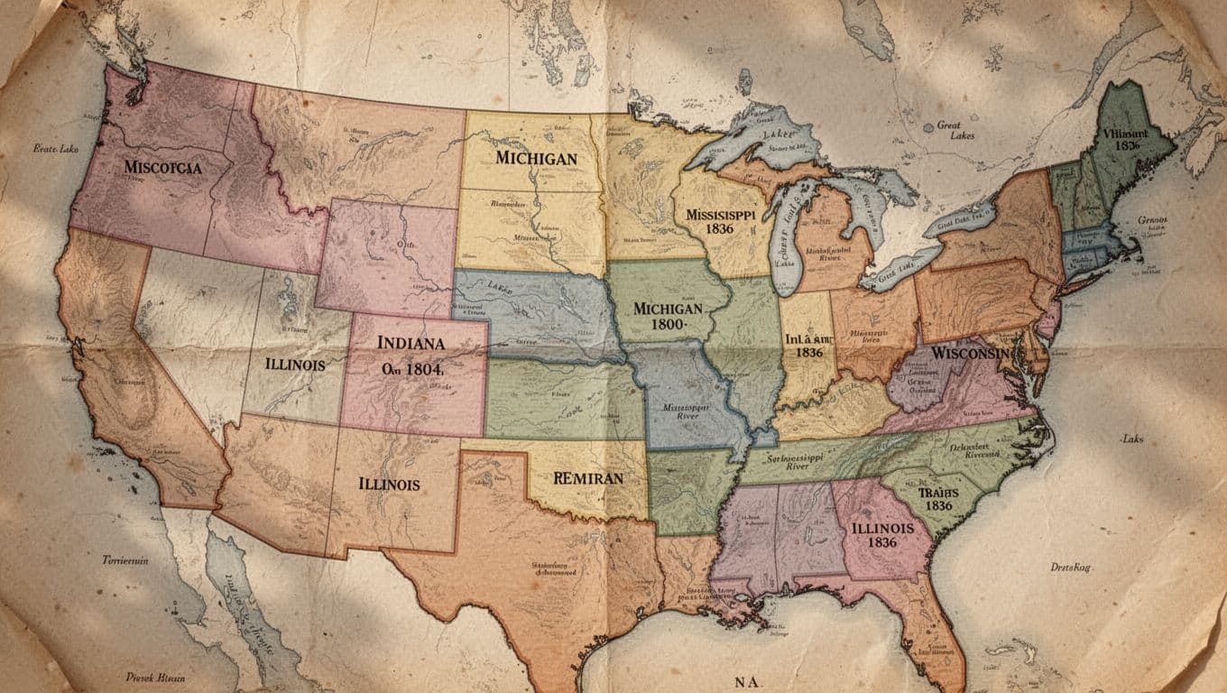 Vintage historical map depicting the territorial evolution of the Wisconsin region from 1800 to 1836, showing boundaries of Indiana Territory (1800-1809), Illinois Territory (1809-1818), Michigan Territory (1818-1836), and the formation of Wisconsin Territory in 1836. Color-coded regions on a Midwest US map with visible Mississippi River and Great Lakes, rendered in antique parchment style with soft lighting.