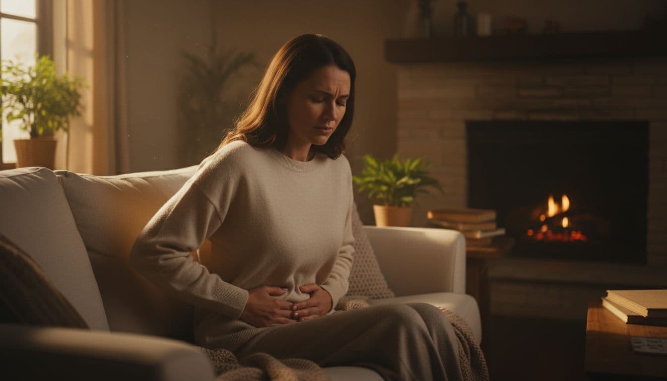 A woman in her 30s sits on a couch in a cozy living room, gently holding her abdomen with a pained expression under soft afternoon light in cinematic style.