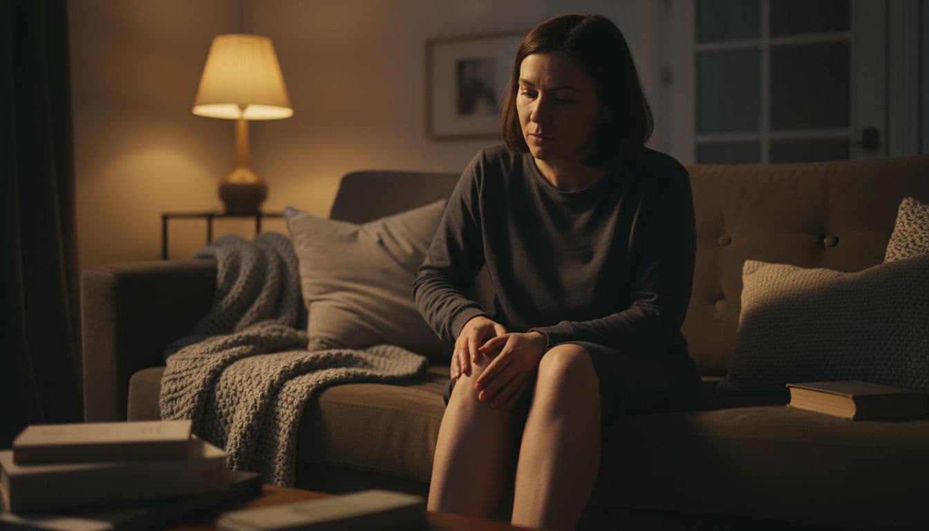 A woman in her mid-30s sits on a couch in a cozy living room, gently pressing her hand on her symmetrical thigh with subtle fat deposits to check for tenderness, showing a thoughtful expression under warm cinematic lighting.