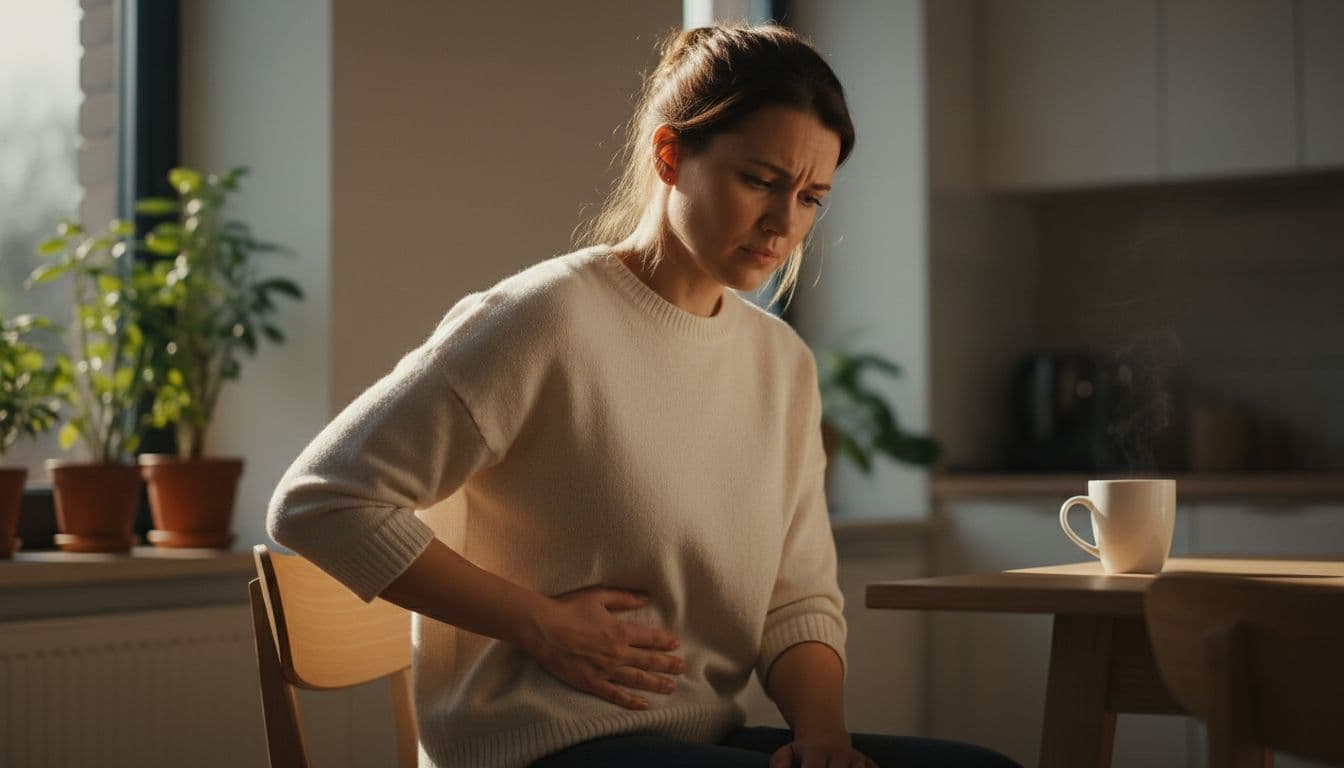 A mid-30s woman sits comfortably in a modern kitchen during morning light, gently pressing her hand to her lower abdomen with a subtle expression of discomfort, surrounded by plants and a coffee mug.