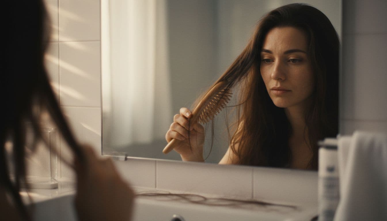 A woman brushes her long hair before a bathroom mirror, with visible hair falling out on the brush and floor, and dry skin on her face, in cinematic style with dramatic contrast and soft morning light.
