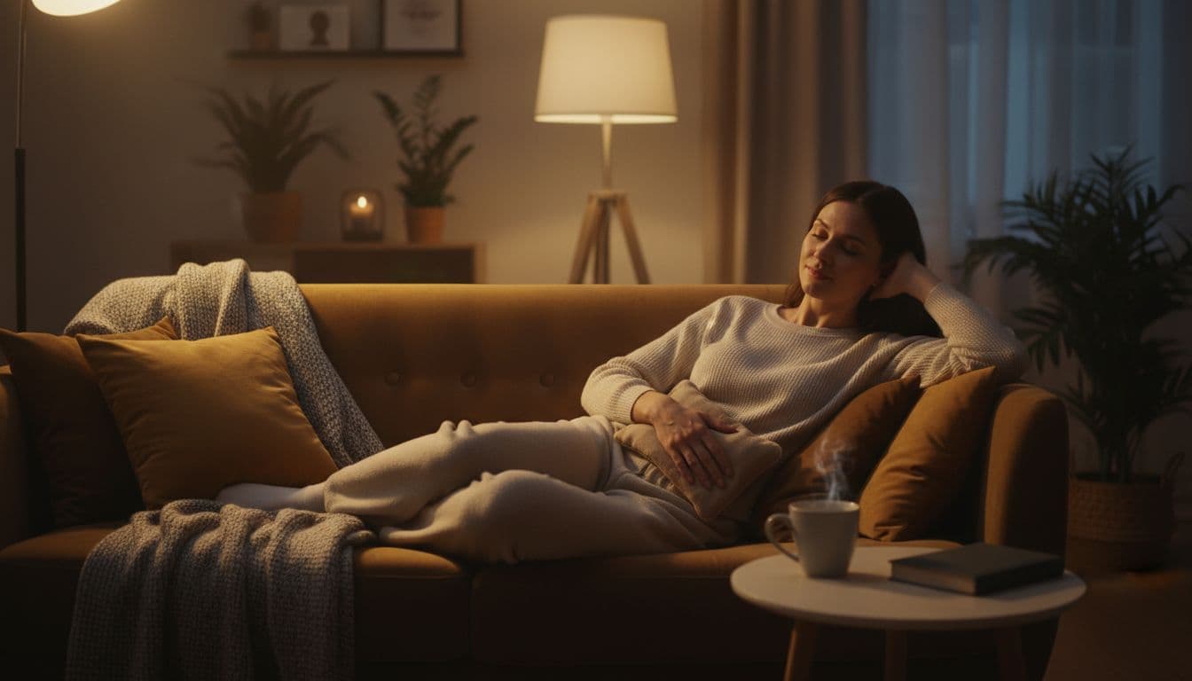 A single woman relaxes on a living room sofa, gently applying a heat pad to her lower abdomen with a calm, relieved expression. A cup of tea sits nearby in a cozy home illuminated by warm evening lamp light.