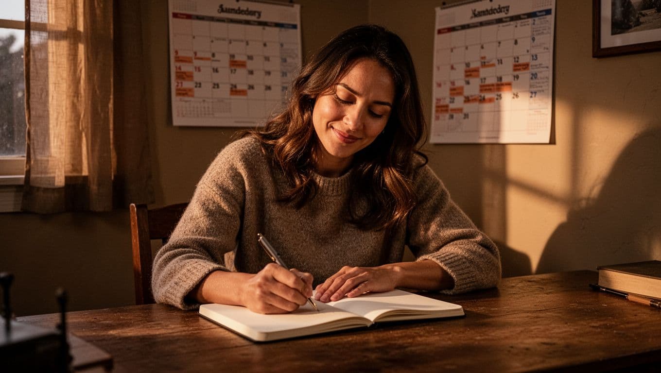 A relaxed woman notes symptoms in a diary at her desk, with a cycle-marked calendar in the background, bathed in soft evening light and cinematic warm tones.