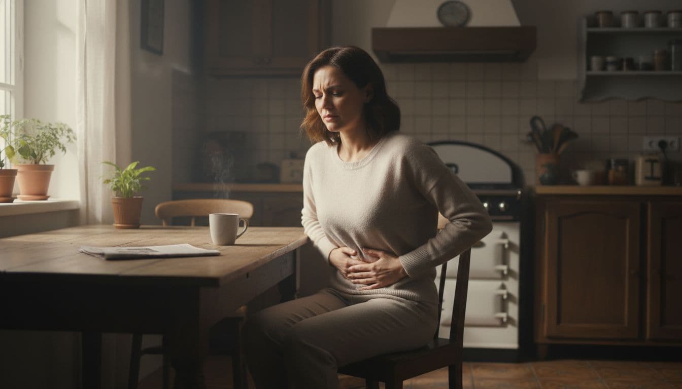 A woman in her 30s sits at a cozy kitchen table during breakfast, holding her lower abdomen with a subtle pained expression, surrounded by a coffee mug and newspaper in soft morning light.