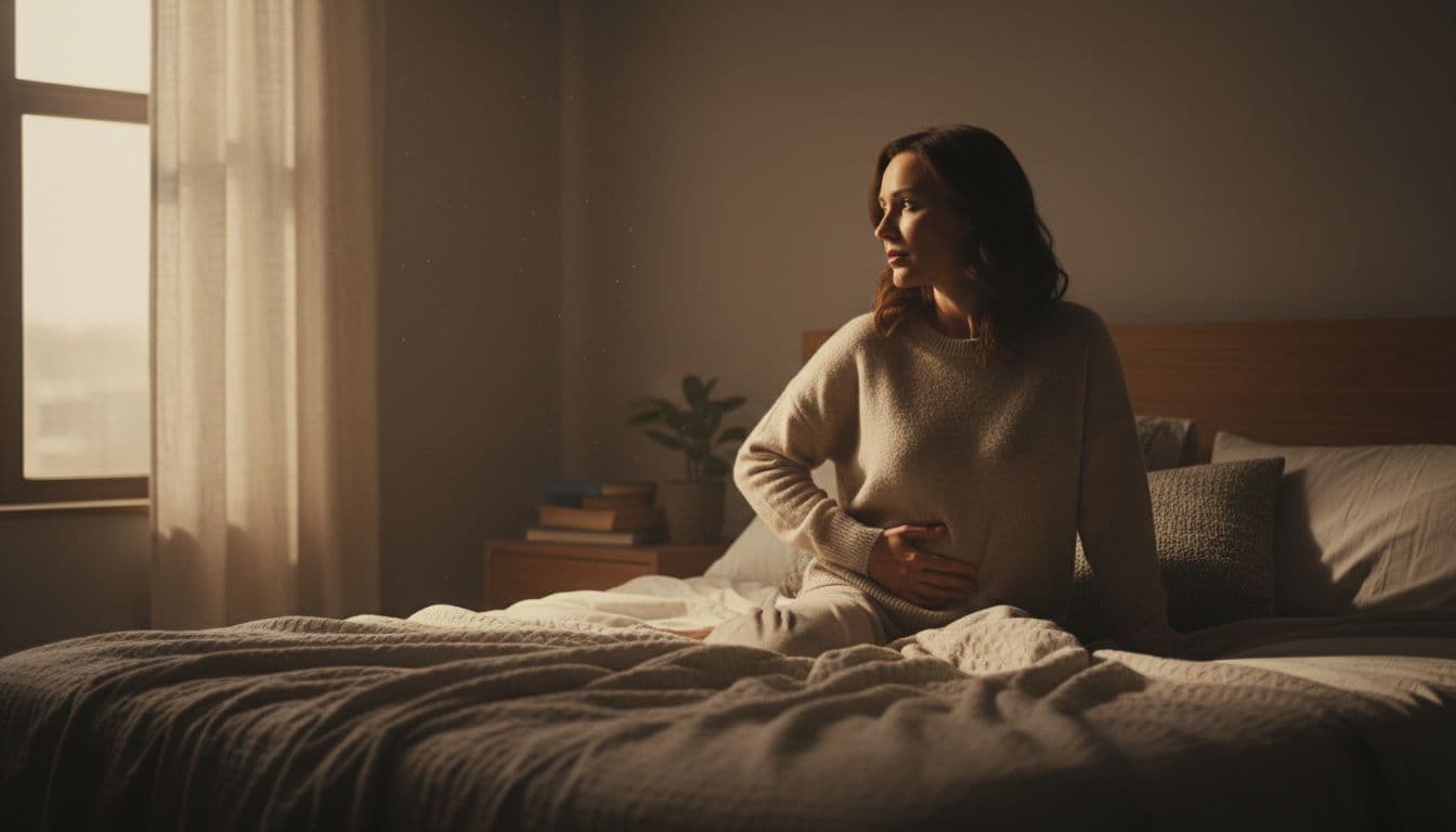 A woman in her 30s sits thoughtfully on a bed in a softly lit bedroom, hand gently on lower abdomen suggesting mild discomfort from fibroid symptoms. Cinematic style with dramatic window lighting and cozy home setting.