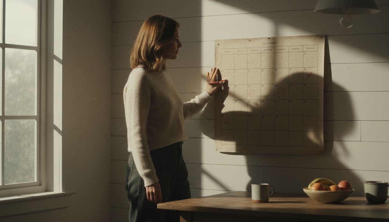 A mid-30s woman calmly marks dates on a large wall calendar in a bright, cozy kitchen using a red pen, highlighting strategic cycle planning for better organization.