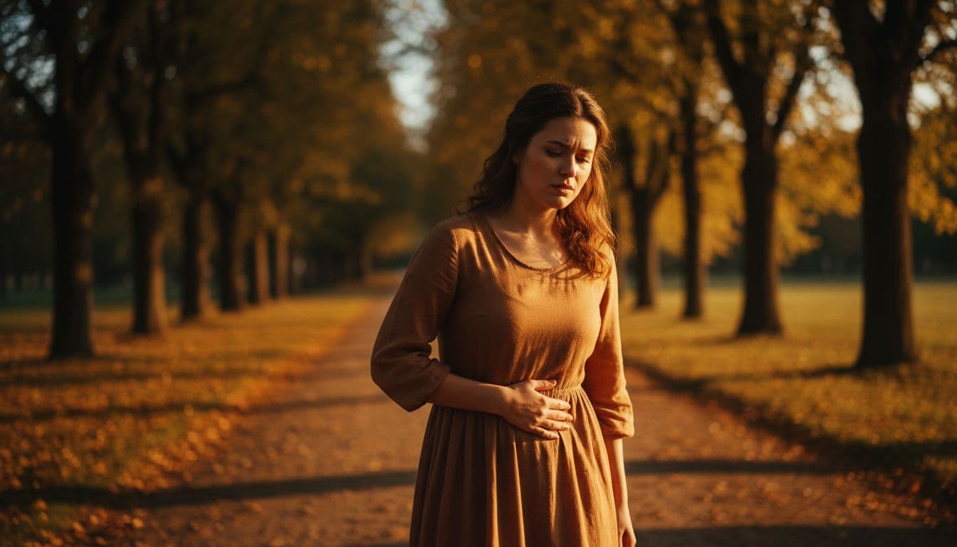 A single woman in her late 20s stands relaxed in a serene park during golden hour, one hand gently on her lower abdomen with a mild discomfort expression on her face, cinematic style with dramatic warm lighting and depth of field.