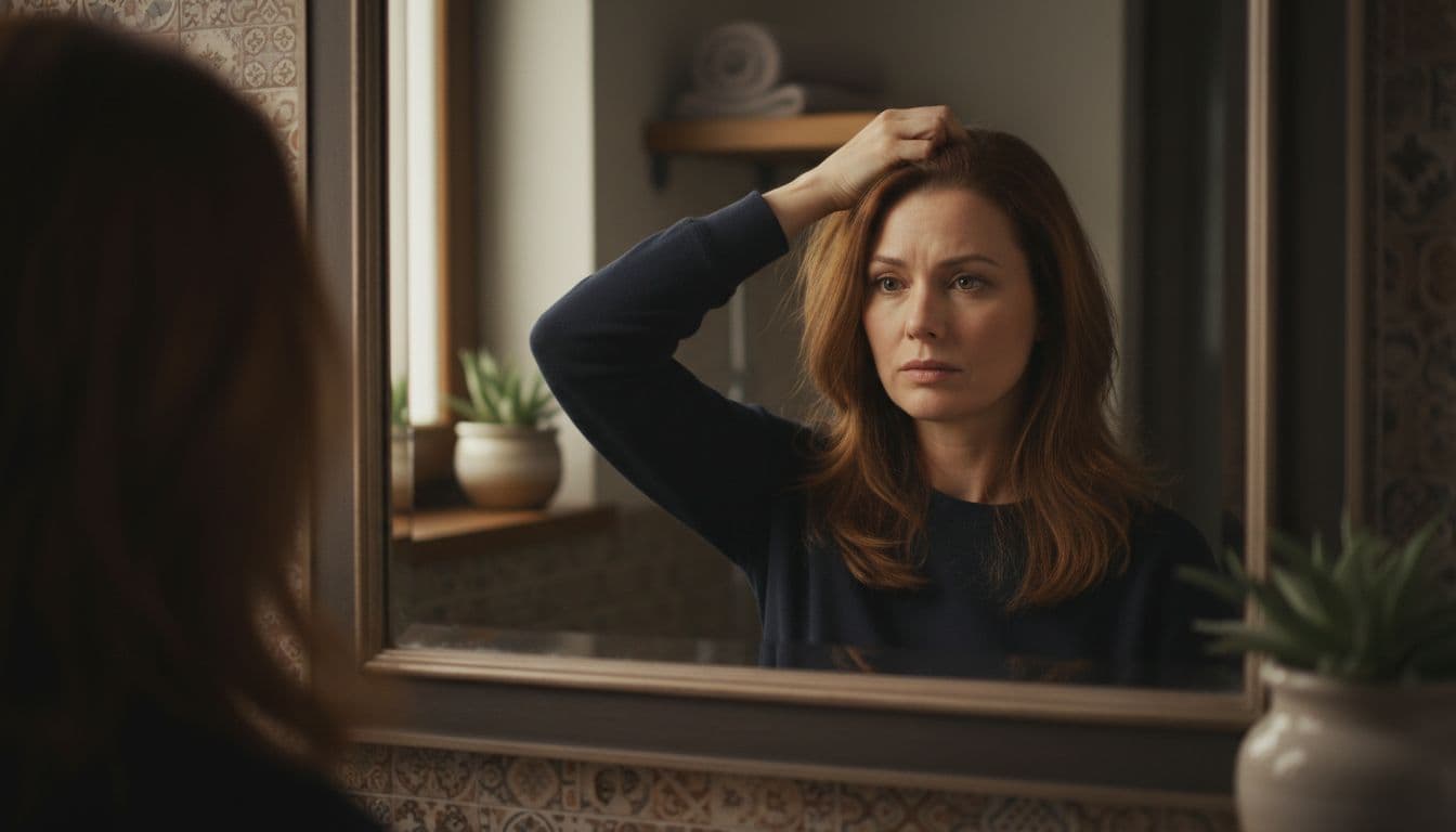 A woman in her 30s gently parts her hair in front of a mirror in a cozy bathroom, noticing thinning hair with a concerned but calm expression, focusing on her hairline and scalp.