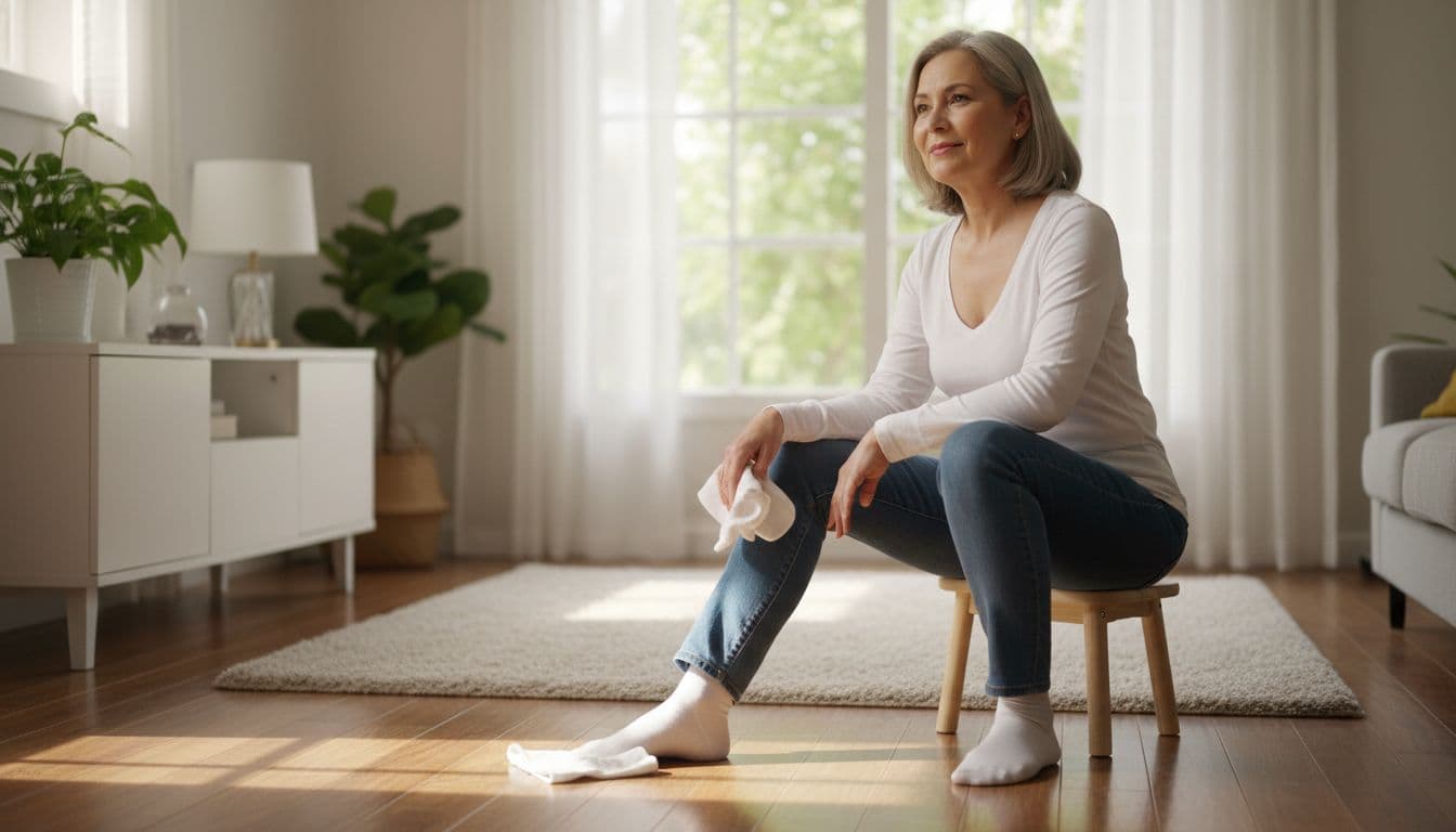 A middle-aged woman sits on a stool in a sunny living room, taking a short break with a relaxed face after wiping the floor with a cloth. Clean surfaces in the background, natural light, exactly one person.