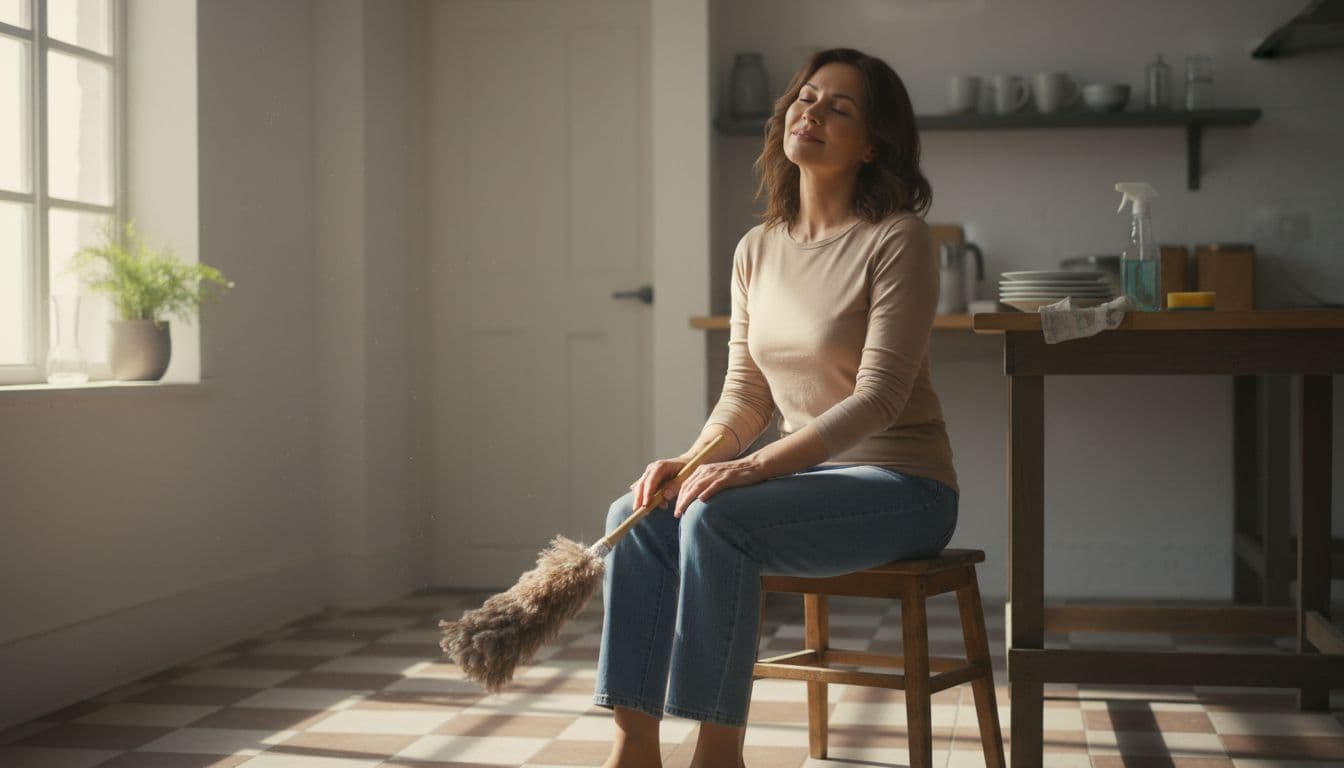 A woman in her 40s sits on a stool in a bright kitchen, pausing from cleaning with a duster loosely in her hand, her face showing mild fatigue transitioning to rest.