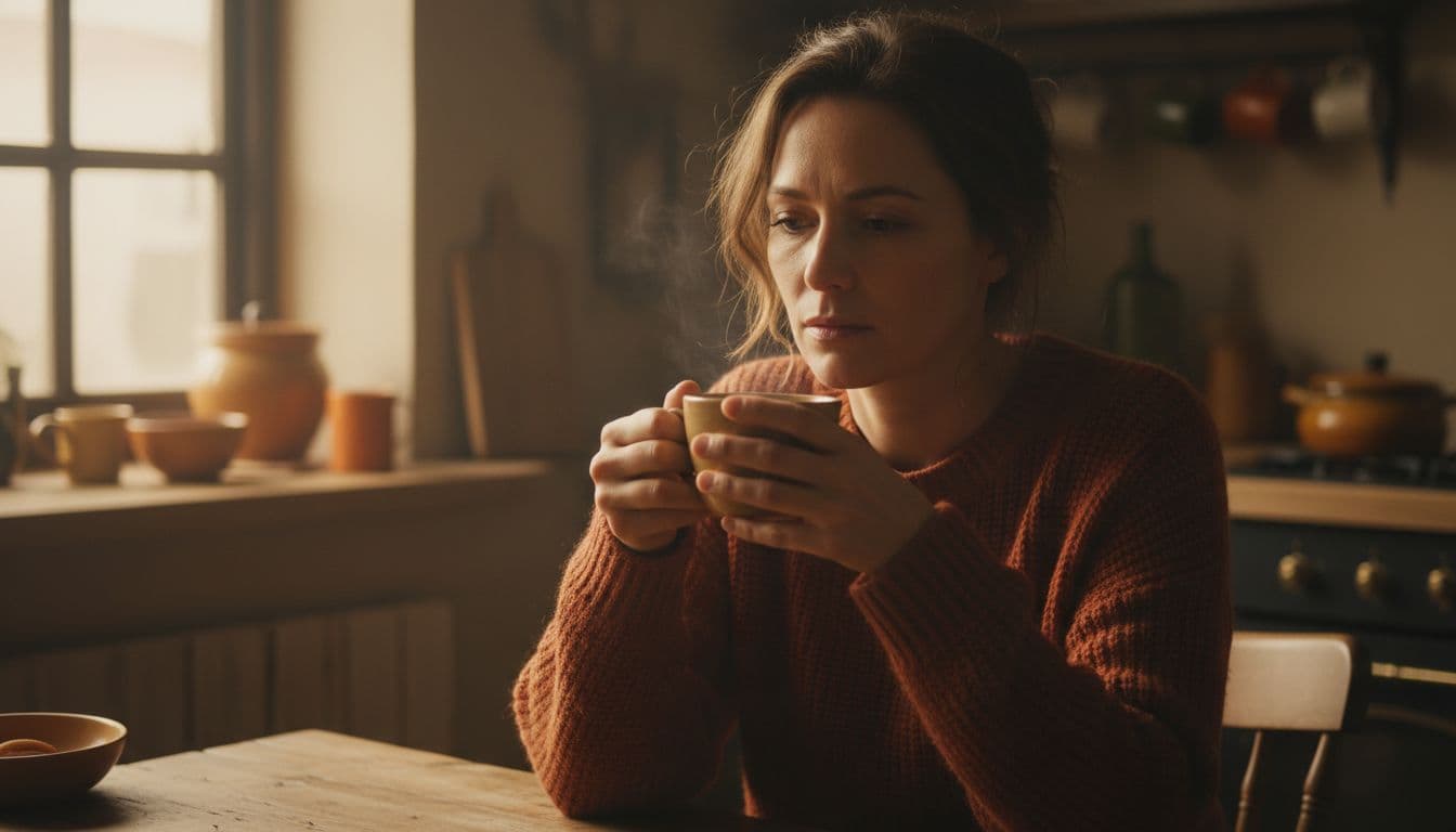 A woman in her late 30s sits thoughtfully in a cozy kitchen with morning light, holding tea and subtly noticing body changes, in a cinematic close-up.