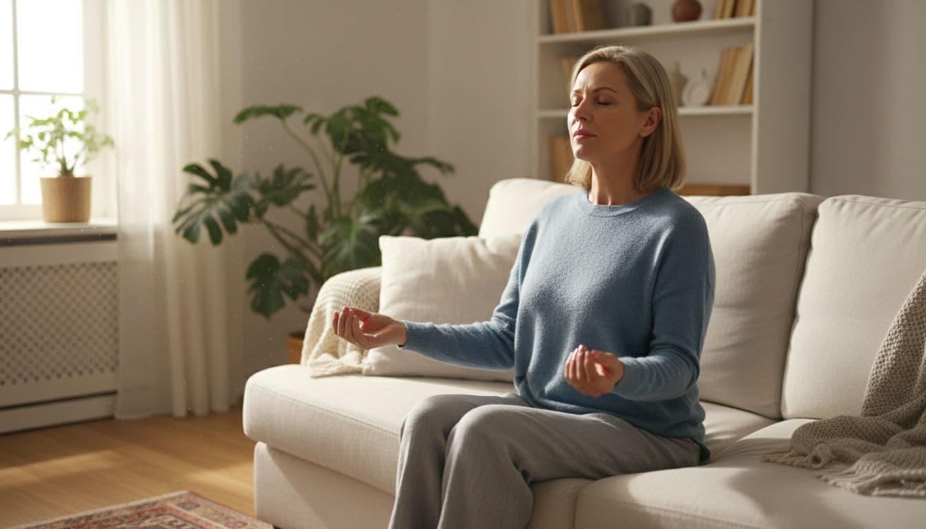 A middle-aged woman with a relaxed expression performs a deep breathing exercise seated on a couch in a cozy living room with soft natural daylight.