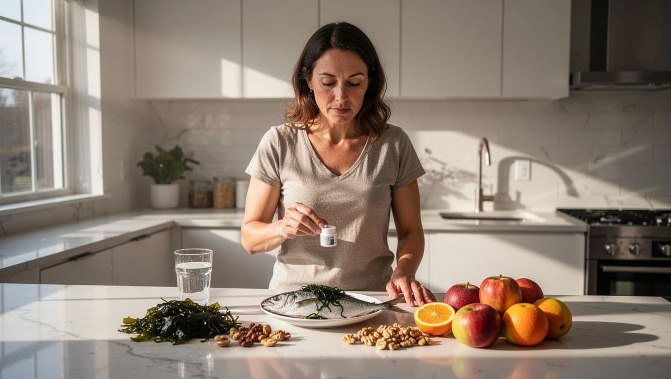 A woman in her 30s in a bright modern kitchen prepares a healthy meal featuring iodine-rich foods like fish, seaweed, nuts, and fruits while taking a pill from a blister pack with water, bathed in morning sunlight.
