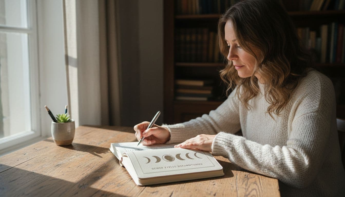 A middle-aged woman sits at a wooden desk, noting dates in a menstrual cycle tracker journal with a pen under natural daylight. Cinematic style features strong contrast, depth, and dramatic lighting.