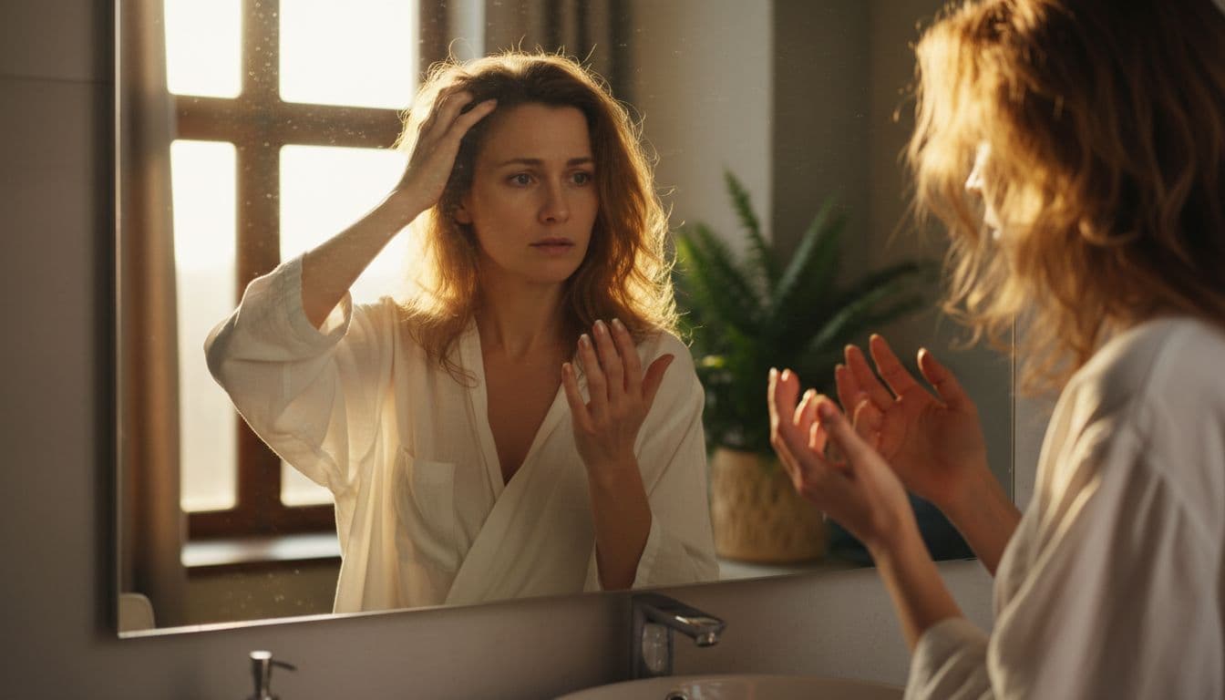 A woman in her late 30s stands before a mirror in a sunny bathroom, worriedly inspecting her hair loss and brittle nails indicative of zinc deficiency, with pale skin and a tired expression.