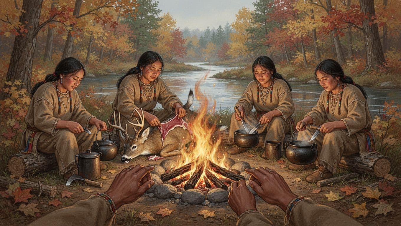 A small group of exactly four Woodland Indians in pre-contact Wisconsin landscape gathers around a campfire in a forested area near a river during autumn. One person skins a deer while others prepare food and tools, rendered in a realistic historical illustration style with warm firelight glow.