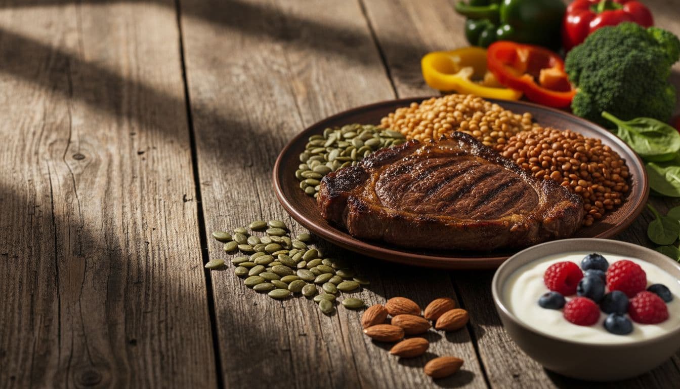 Close-up on a rustic wooden table with a plate of zinc-rich foods: grilled beef, pumpkin seeds, cooked lentils, almonds, yogurt with berries, and fresh vegetables nearby. Cinematic style with dramatic side lighting and warm earthy tones.