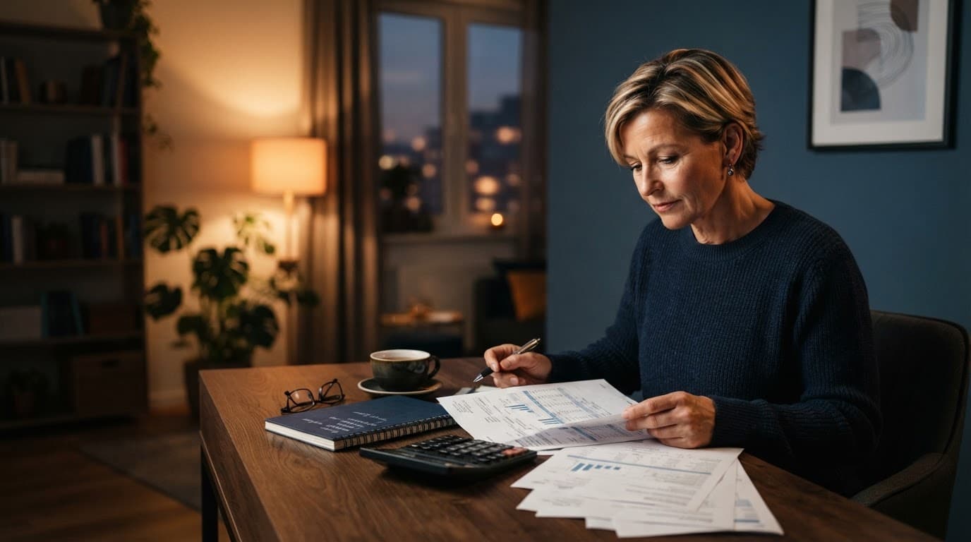 Eine Frau prüft Unterlagen zur Altersvorsorge am Schreibtisch.