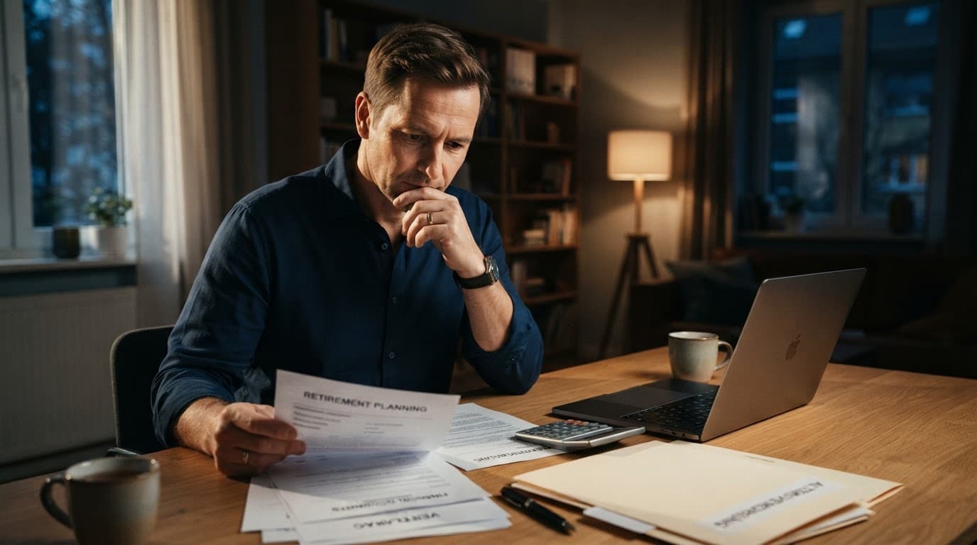 Eine Person prüft Altersvorsorgeunterlagen am aufgeräumten Schreibtisch mit Taschenrechner und Ordnern.