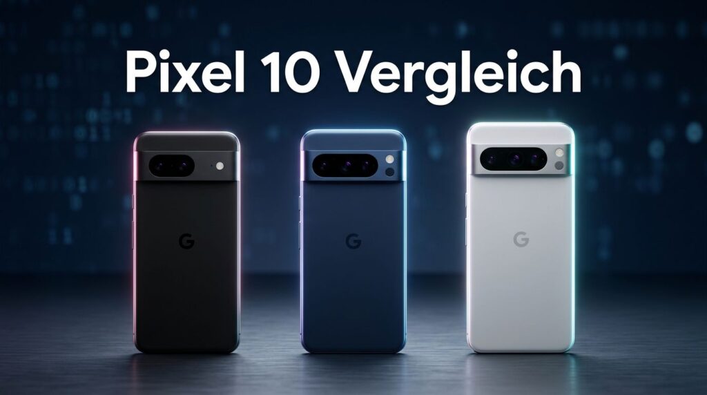 Drei Pixel-10-Smartphones in Schwarz, Blau und Silber mit der Überschrift „Pixel 10 Vergleich“.