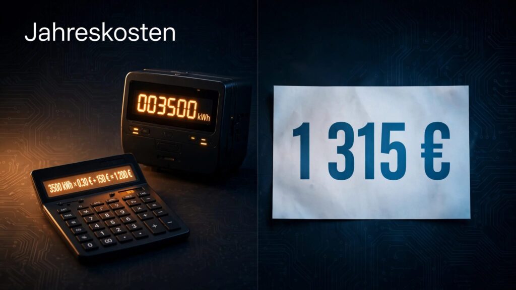Digitaler Stromzähler und Rechner links, Stromrechnung mit 1.315 € rechts vor dunklem Hintergrund.