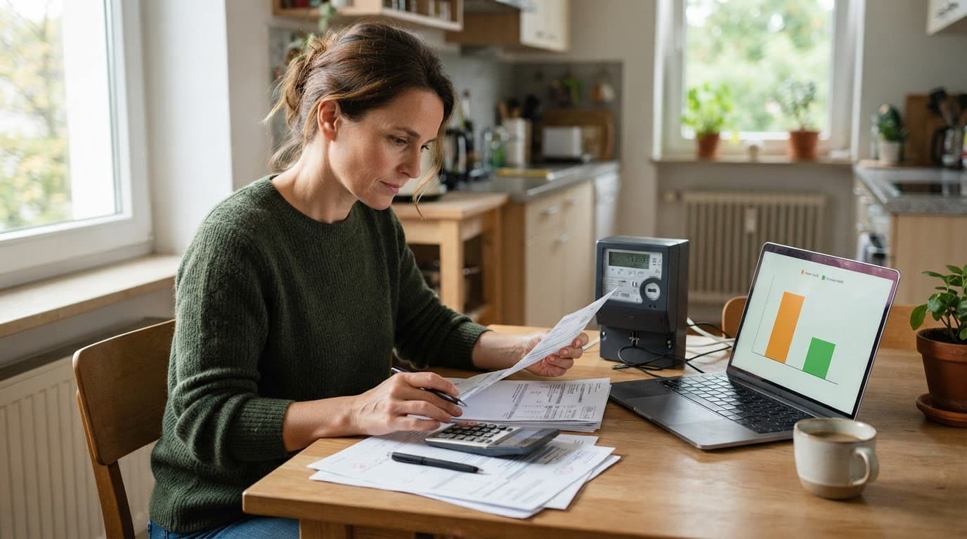 Eine Person prüft eine Stromrechnung mit Taschenrechner neben Laptop und Smart Meter.