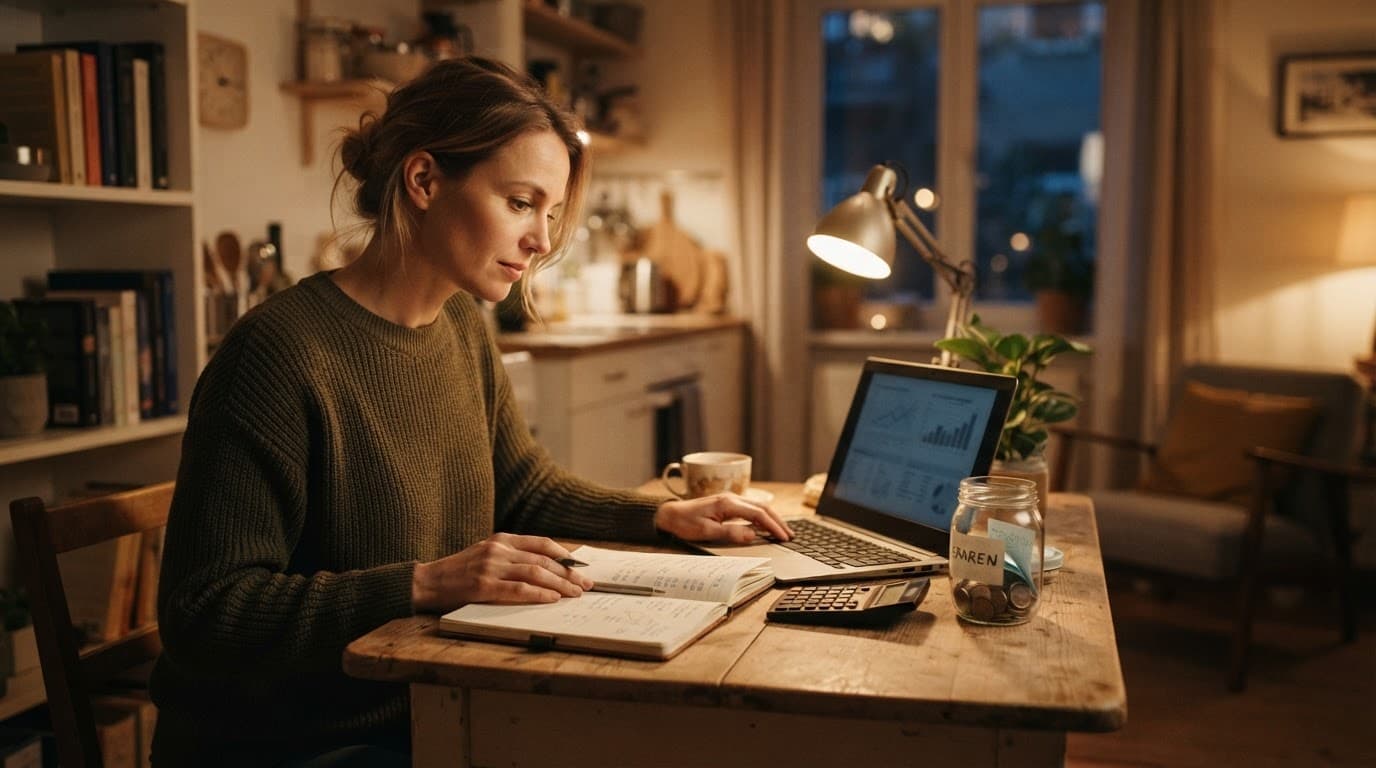 Eine Person prüft am Küchentisch Budgetunterlagen neben Laptop, Taschenrechner, Notizbuch und Sparglas.