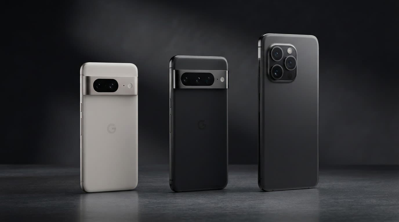 Drei Smartphones von hinten, nach Größe geordnet, mit unterschiedlich gestalteten Kameramodulen.